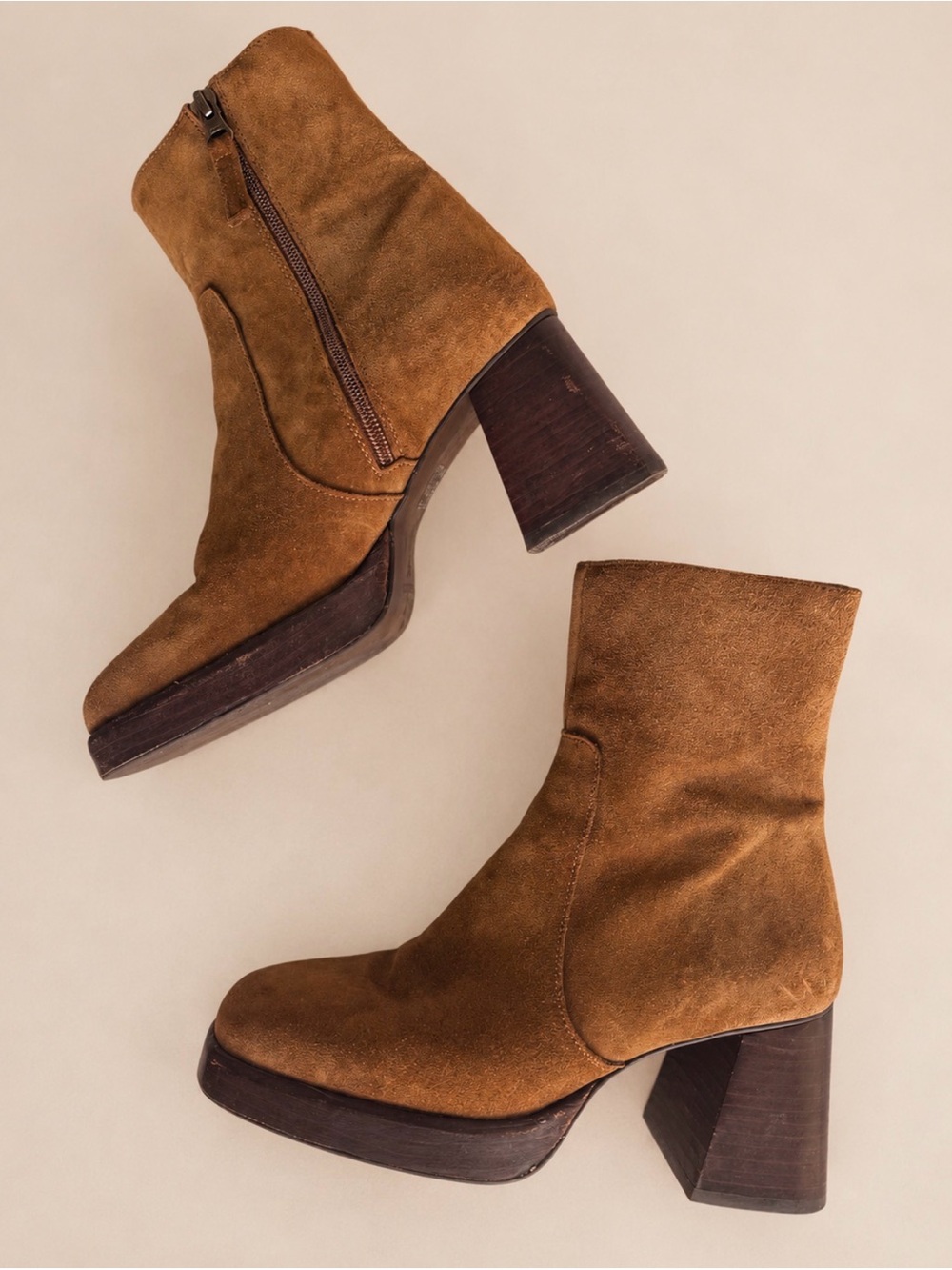L’INTERVALLE Chestnut Brown Suede Platform Block Heel Ankle Boots 38 / US 7.5-8 - Picture 9 of 17